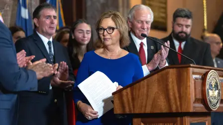 COLUMBIA, SOUTH CAROLINA - JULY 13: Darline Graham Nordone speaks during a press conference outside the Governor's South Carolina State House office on July 13, 2026 in Columbia, South Carolina. South Carolina Gov. Henry McMaster announced that the remaining term of Sen. Lindsey Graham's (R-SC) U.S. Senate seat will be filled by his sister, Darline Graham Nordone, following Graham's death on July 11.   Grant Baldwin/Getty Images/AFP (Photo by Grant Baldwin / GETTY IMAGES NORTH AMERICA / Getty Images via AFP)