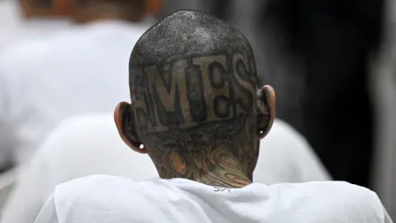 A view of a head tattoo of an alleged member of the Mara Salvatrucha (MS-13) gang during a remote court hearing by videoconference at the Terrorism Confinement Center (CECOT) in Tecoluca, El Salvador on April 23, 2026. (Photo by MARVIN RECINOS / AFP)
