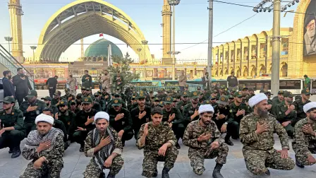 The IRGC clerics prepare for the funeral of Iran's slain supreme leader Ali Khamenei at the Grand Mosalla in Tehran on July 3, 2026. Preparations for the funeral of Khamenei were in full swing on July 3, with authorities expecting millions and a coterie of foreign dignitaries to attend the official ceremony. (Photo by ATTA KENARE / AFP) /