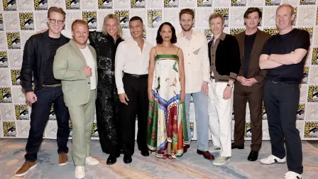 SAN DIEGO, CALIFORNIA - JULY 24: (L-R) JD Payne, Owain Arthur, Jamie Campbell Bower, Ismael Cruz Cordova, Cynthia Addai-Robinson, Charlie Vickers, Daniel Weyman, Benjamin Walker and Patrick Mckay attend Prime Video's "The Lord Of The Rings: The Rings Of Power" press line at Hilton Bayfront on July 24, 2026 in San Diego, California.   Emma McIntyre/Getty Images/AFP (Photo by Emma McIntyre / GETTY IMAGES NORTH AMERICA / Getty Images via AFP)