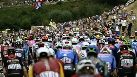 El pelotón de ciclistas recorre la 20.ª etapa de la 113.ª edición del Tour de Francia.