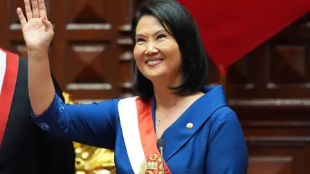 Peru's President Keiko Fujimori waves after taking the presidential oath of office at Congress in Lima, Peru, July 28, 2026.  Guadalupe Pardo/Pool via REUTERS