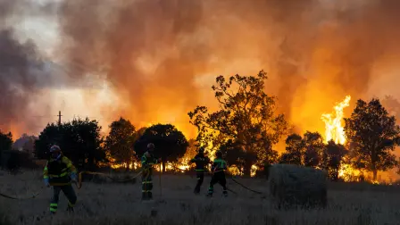 Firefighters work to extinguish an advancing wildfire near Formariz in Zamora province, Spain, July 29, 2026. REUTERS/Umit Bektas