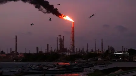Una llamarada de gas arde en la refinería Cardón, parte del Centro de Refinación de Paraguaná.
