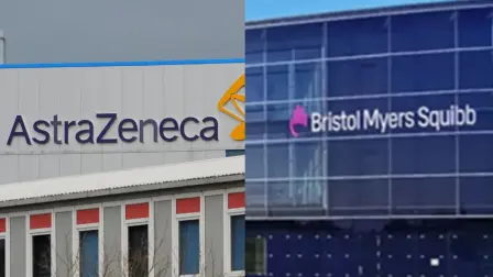 Fachadas de los laboratorios AstraZeneca y Bristol Myers.