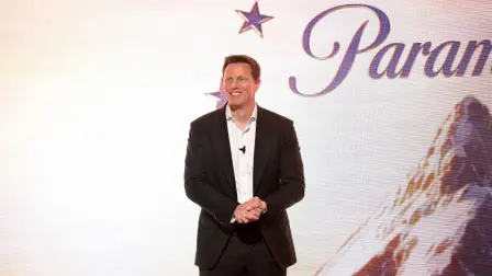 NEW YORK, NEW YORK - APRIL 22: David Ellison, Chairman & CEO, Paramount Skydance speaks on stage during New York Upfront Partnership Event 2026 at Storied NYC on April 22, 2026 in New York City.   Noam Galai/Getty Images for Paramount/AFP (Photo by Noam Galai / GETTY IMAGES NORTH AMERICA / Getty Images via AFP)