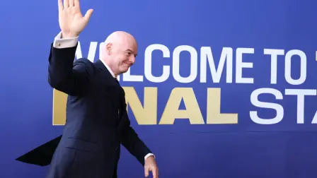 FIFA President Gianni Infantino gestures as he arrives for the 2026 World Cup football tournament final match between Spain and Argentina at the New York/New Jersey Stadium in East Rutherford on July 19, 2026.  (Photo by CHARLY TRIBALLEAU / AFP)
