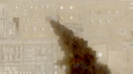 Imagen satelital muestra una columna de humo que se eleva desde una instalación petrolera en Jizan, provincia de Jazan, Arabia Saudita.