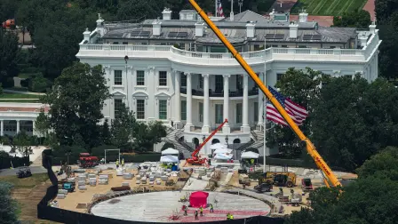The White House and the ongoing Ballroom construction as seen from a window at the Washington Monument, in Washington, D.C., U.S., July 15, 2026. REUTERS/Al Drago