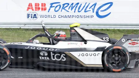 Jaguar TCS Racing's Portuguese driver Antonio Felix Da Costa celebrates finishing first the 2026 FIA Formula E World Championship Madrid E-Prix at the Jarama circuit in San Sebastian de los Reyes, near Madrid on March 21, 2026. Formula E, officially the FIA Formula E World Championship, is a class of auto racing, using only electric-powered cars. (Photo by Oscar DEL POZO / AFP)
