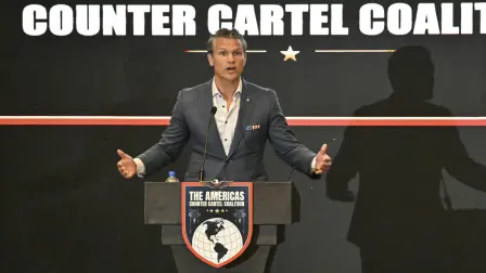 US Defense Secretary Pete Hegseth speaks during a forum of the Americas Counter Cartel Coalition in Panama City on August 12, 2026. Colombia has authorized the United States to conduct joint military operations in its fight against drug trafficking, US Defense Secretary Pete Hegseth announced in Panama on August 12. (Photo by DANIEL DE CARTERET / AFP)