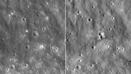 Imágenes del LRO de la NASA que comparan la superficie lunar antes y después del 5 de agosto de 2026, cuando la etapa superior de un Falcon 9 de SpaceX colisionó con la Luna. El impacto dejó un cráter de unos 18 metros de ancho por 3 de profundidad.