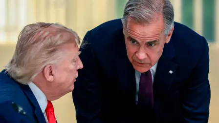 Donald Trump, presidente de Estados Unidos y Mark Carney, primer ministro de Canadá, durante una reunion de los líderes del G7 en Francia, el 16 de junio 2026.
