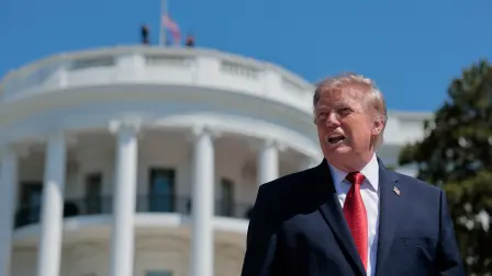 U.S. President Donald Trump speaks to reporters about the helipad being constructed on the South Lawn, at the White House in Washington, D.C., U.S., August 19, 2026. REUTERS/Kylie Cooper