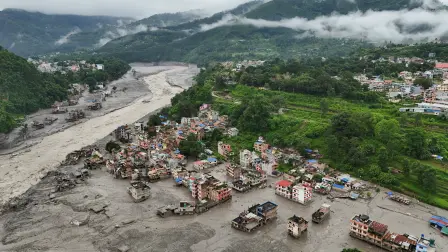A drone view shows mud covering buildings and property following a flash flood in Trishuli, Nuwakot district, Nepal, August 27, 2026. REUTERS/Navesh Chitrakar     TPX IMAGES OF THE DAY