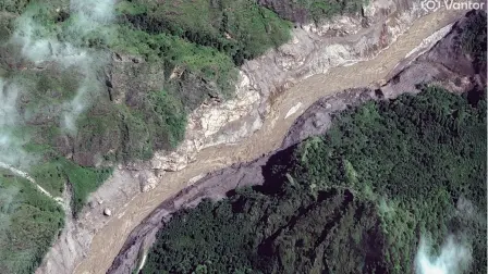 This handout satellite image taken and released by Vantor on August 27, 2026 shows the Trishuli River in Nepal after flash floods and landslides hit the area. Rescue teams waded through mud on August 27, 2026 searching for more than 1,400 people missing after flash floods and landslides struck the Nepal-Tibet border on August 26, 2026, sweeping entire villages away. (Photo by Handout / Satellite image ©2026 Vantor / AFP) / RESTRICTED TO EDITORIAL USE - MANDATORY CREDIT "AFP PHOTO /  Satellite image ©2026 Vantor" - HANDOUT - NO MARKETING NO ADVERTISING CAMPAIGNS - DISTRIBUTED AS A SERVICE TO  CLIENTS - THE WATERMARK MAY NOT BE REMOVED/CROPPED