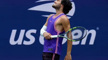 Tennis - U.S. Open - Flushing Meadows, New York, United States - August 25, 2026 Spain's Carlos Alcaraz reacts during his mixed doubles round of 16 match with Serena Williams of the U.S. against Britain's Lloyd Glasspool and New Zealand's Erin Routliffe IMAGN IMAGES via Reuters/Mike Frey