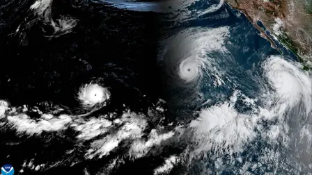 This handout satellite image obtained from the National Oceanic and Atmospheric Administration (NOAA)/GOES shows Hurricane Lowell (L), Hurricane Karina (C), and a Tropical Storm Marie (R) over the Pacific Ocean on September 2, 2026, at 15:30 UTC. (Photo by Handout / NOAA / AFP) / RESTRICTED TO EDITORIAL USE - MANDATORY CREDIT "AFP PHOTO / NOAA / GOES" - NO MARKETING NO ADVERTISING CAMPAIGNS - DISTRIBUTED AS A SERVICE TO CLIENTS