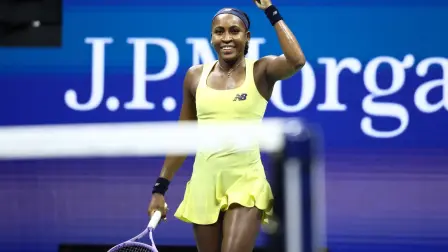 USA's Coco Gauff celebrates after victory during the women's singles second round tennis match against Spain's Paula Badosa on day five of the US Open tennis tournament at the USTA Billie Jean King National Tennis Center in New York City on September 3, 2026. (Photo by CHARLY TRIBALLEAU / AFP)