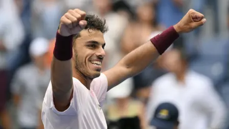 Argentina's Francisco Cerundolo reacts after defeating USA's Taylor Fritz during their men's singles third round tennis match on day seven of the US Open tennis tournament at the USTA Billie Jean King National Tennis Center in New York City on September 5, 2026. (Photo by ANGELA WEISS / AFP)