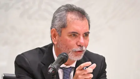 Mexico's Secretary of Finance and Public Credit Edgar Amador Zamora speaks on economic measures at the National Palace in Mexico City on September 9, 2026. Mexico announced on September 9, 2026, tougher economic measures against tax evasion to increase revenue without creating new taxes in 2027, which will be an election year. (Photo by Alfredo ESTRELLA / AFP)