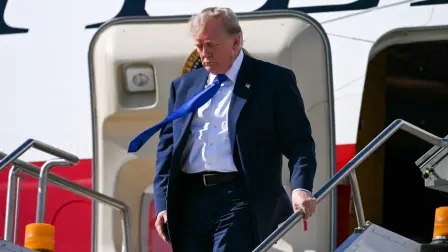 US President Donald Trump steps off Air Force One upon arrival at Dallas Fort Worth International Airport in Grapevine, Texas, on September 9, 2026, on his way to the Republican National Midterm Convention. US Republicans open an extraordinary midterm convention in Dallas on September 9 betting that putting Donald Trump at the center of their campaign can rescue a party facing grim election forecasts -- despite the president's negative approval ratings. (Photo by Brendan SMIALOWSKI / AFP)