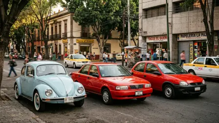 Tres de los autos más populares de México: Volkswagen Sedán (Vocho), Nissan Tsuru, Chevrolet Chevy