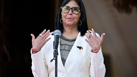 Venezuela's interim President Delcy Rodriguez gives a press conference after the signing of an oil agreement with the United States at the Miraflores Presidential Palace in Caracas on September 2, 2026. US Energy Secretary Chris Wright oversaw the signing of deals worth "tens of billions of dollars" between Venezuela and oil majors Chevron and ENI as well as with energy company GE Vernova on September 2, 2026. (Photo by Juan BARRETO / AFP)