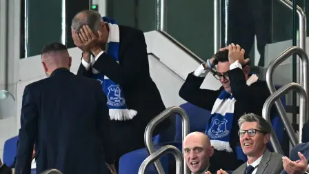 Britain's Prime Minister Andy Burnham and Canada's Prime Minister Mark Carneyreact during the English League Cup third round football match between Everton and Wolverhampton Wanderers at Hill Dickinson Stadium in Liverpool, north west England on September 16, 2026. (Photo by Paul ELLIS / AFP) / RESTRICTED TO EDITORIAL USE. No use with unauthorized audio, video, data, fixture lists, club/league logos or 'live' services. Online in-match use limited to 120 images. An additional 40 images may be used in extra time. No video emulation. Social media in-match use limited to 120 images. An additional 40 images may be used in extra time. No use in betting publications, games or single club/league/player publications. /