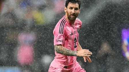 Inter Miami's Argentine forward #10 Lionel Messi runs under a light rain during the Campeones Cup final football match between Inter Miami CF and Mexico's Cruz Azul at Nu Stadium in Miami, Florida, on September 16, 2026. (Photo by CHANDAN KHANNA / AFP)