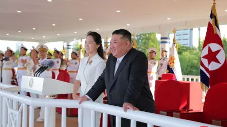 This picture taken on September 6, 2026 and released by North Korea's official Korean Central News Agency (KCNA) on September 7, 2026 shows North Korean leader Kim Jong Un looking on next to his daughter Kim Ju Ae (L) during a commissioning ceremony for the destroyer "Kang Kon" at Wonsan Port in Kangwon Province. (Photo by KCNA / KCNA VIA KNS / AFP) / - South Korea OUT / ---EDITORS NOTE--- RESTRICTED TO EDITORIAL USE - MANDATORY CREDIT "AFP PHOTO/KCNA VIA KNS" - NO MARKETING NO ADVERTISING CAMPAIGNS - DISTRIBUTED AS A SERVICE TO CLIENTSTHIS PICTURE WAS MADE AVAILABLE BY A THIRD PARTY. AFP CAN NOT INDEPENDENTLY VERIFY THE AUTHENTICITY, LOCATION, DATE AND CONTENT OF THIS IMAGE. /