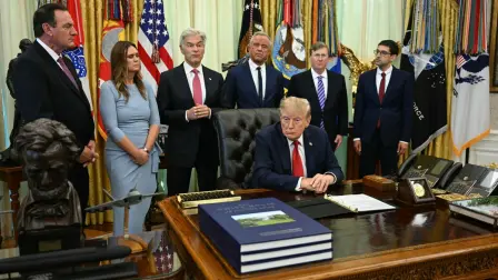 US President Donald Trump listens to Medicare and Medicaid Administrator Mehmet Oz (3rd L) speak in the Oval Office of the White House in Washington, DC, on September 18, 2026. (Photo by Jim WATSON / AFP)