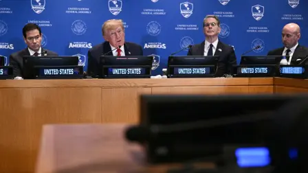 Representantes de la alianza Escudo de las Américas durante la reunión en la sede de la ONU, donde anunciaron sanciones conjuntas contra 24 organizaciones criminales de la región.