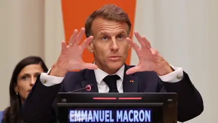 El presidente de Francia, Emmanuel Macron, durante su intervención ante la Asamblea General de la ONU, donde cuestionó las acciones de Israel en Cisjordania.