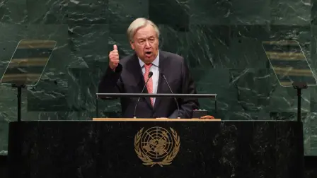 UN Secretary General Antonio Guterres speaks during the 81st United Nations General Assembly at the United Nations Headquarters in New York, on September 22, 2026. (Photo by TIMOTHY A. CLARY / AFP)