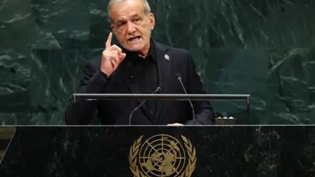 Iran's President Masoud Pezeshkian speaks during the 81st United Nations General Assembly at the United Nations Headquarters in New York, on September 23, 2026. (Photo by TIMOTHY A. CLARY / AFP)