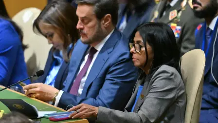 Venezuela's interim President Delcy Rodriguez (R) attends the 81st United Nations General Assembly at the United Nations Headquarters in New York, on September 22, 2026. (Photo by ANGELA WEISS / AFP)