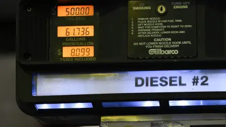 A diesel fuel pump displays a price of more than $8 per gallon at a truck stop in the Wilmington neighborhood of Los Angeles, California, on September 22, 2026. On September 22, US President Donald Trump expressed support for a diesel export ban, with fuel prices having surged on the back of the Middle East war. (Photo by Patrick T. Fallon / AFP)