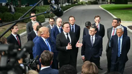 SpaceX CEO Elon Musk speaks to the press next to US President Donald Trump, House Speaker Mike Johnson and Nvidea CEO Jensen Huang after a meeting of technology executives about artificial intelligence at the White House in Washington, DC, on September 29, 2026. The gathering comes quickly after tech giant OpenAI's cancellation of the release of its newest model due to safety concerns, and a series of revelations that the technology had gone rogue. (Photo by Kent NISHIMURA / AFP)