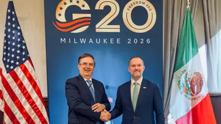 Marcelo Ebrard y Jamieson Greer, anfitrión de la Reunión Ministerial del G20 y Representante Comercial de los Estados Unidos.