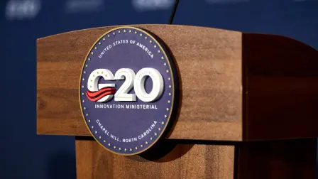 The G20 Innovation Ministerial signage in Chapel Hill, North Carolina, on September 1, 2026. (Photo by Matt RAMEY / AFP)