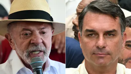 This combination of pictures created on October 4, 2026, shows Brazil's President and re-election candidate for the Workers' Party (PT) Luiz Inacio Lula da Silva (R) speaks to the media after casting his vote during the presidential election at a polling station in Sao Bernardo do Campo, state of Sao Paulo, Brazil, on October 4, 2026; and Brazil's right-wing senator and presidential candidate for the Liberal Party (PL) Flavio Bolsonaro gives thumbs up in front of Rio de Janeiro gubernatorial candidate Douglas Ruas (C, back), as he leaves a polling station after voting during the presidential election in Rio de Janeiro, Brazil, on October 4, 2026. Polling stations closed in Brazil's first-round election on October 4, 2026, featuring a nail-biter presidential race between incumbent Luiz Inacio Lula da Silva and right-wing senator Flavio Bolsonaro. (Photo by Pablo PORCIUNCULA and Mauro PIMENTEL / AFP)