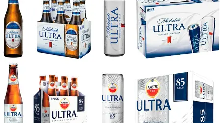 Imágenes comerciales de las cervezas Michelob Ultra y Amstel Ultra.