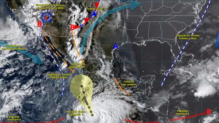 Imagen satelital de los ciclones que afectan a México durante el penúltimo fin de semana de octubre.