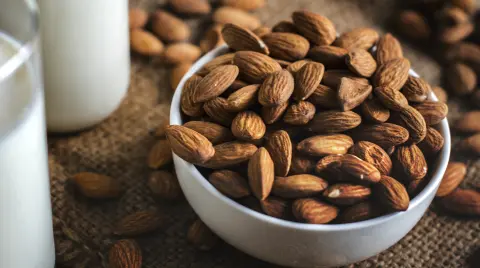 Organic almond milk and almonds