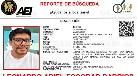 Ficha de la Fiscalía General de Justicia de Nuevo León sobre la desaparición de Leonardo Escobar.