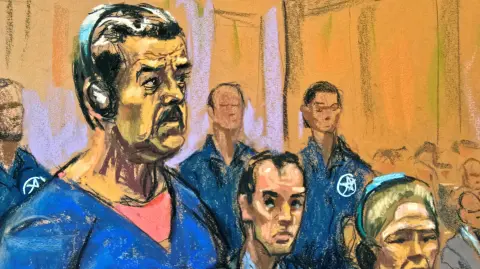 Venezuela's captured President Nicolas Maduro and his wife Cilia Flores attend their arraignment with defense lawyer Mark Donnelly to face U.S. federal charges including narco-terrorism, conspiracy, drug trafficking, money laundering and others, at the Daniel Patrick Moynihan United States Courthouse in Manhattan, New York City, U.S., January 5, 2026 in this courtroom sketch. REUTERS/Jane Rosenberg