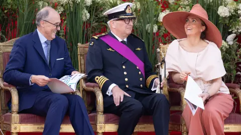 Prince Lorenz of Belgium, Prince Laurent of Belgium and Princess Claire of Belgium attend the military and civilian parade on the Belgian National Day, in Brussels, on July 21, 2023. The national parade also marks this year King Philip's ten-year reign. (Photo by BENOIT DOPPAGNE / various sources / AFP) / Belgium OUT / BELGIUM OUT