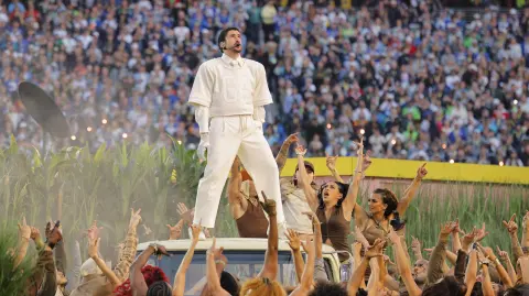 Super Bowl LX - Half-Time Show - New England Patriots v Seattle Seahawks - Levi's Stadium, Santa Clara, California, United States - February 8, 2026 Bad Bunny performs during the halftime show REUTERS/Mike Blake