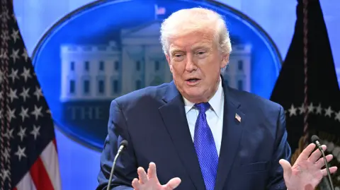 US President Donald Trump speaks during a press conference in the Brady Press Briefing Room of the White House in Washington, DC, on February 20, 2026. US President Donald Trump will hold a press conference Friday to discuss the Supreme Court's ruling against a major part of his tariffs, spokeswoman Karoline Leavitt said. (Photo by Mandel NGAN / AFP)